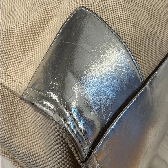 Tory Burch Tote Ella Canvas Silver Cream Logo Bag - Picture 12 of 17